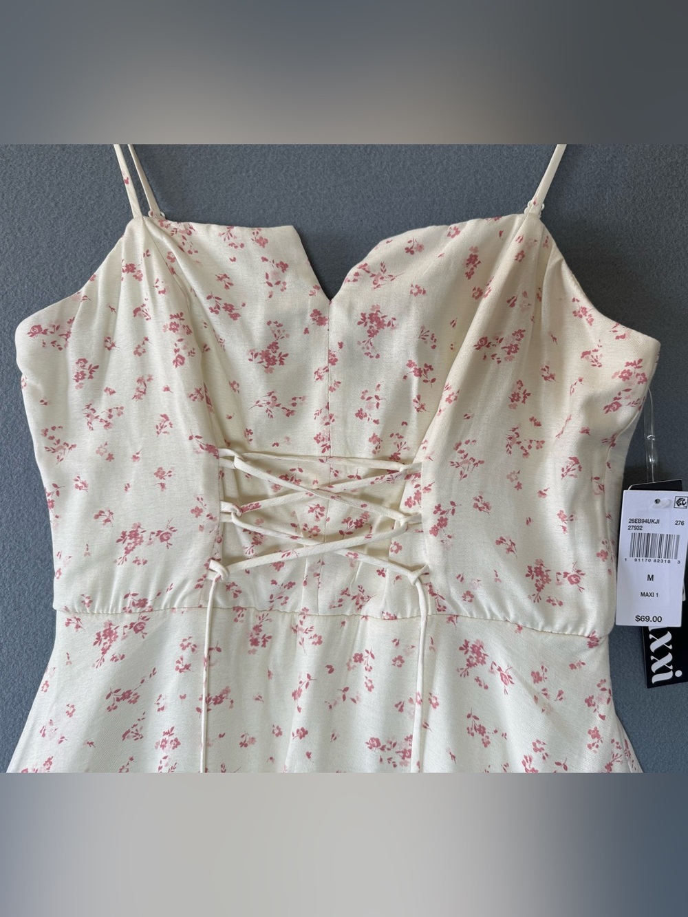 Trixxi Floral Tiered Maxi Dress Cream Pink Lace-Up Front Cottagecore Size M NWT - Picture 3 of 13